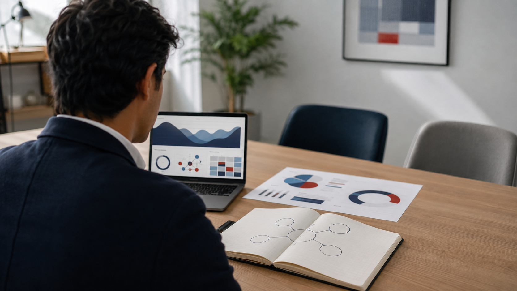 Profesional analiza datos, gráficos y un esquema de decisión en una mesa de trabajo, representando la integración de negocio, tecnología y criterio humano