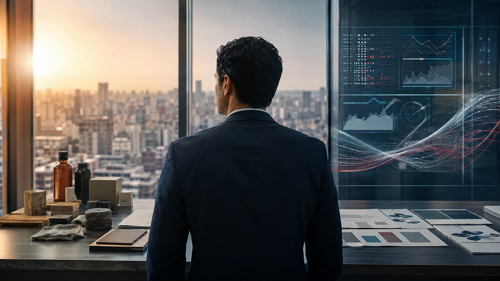 Ingeniero comercial frente a una ciudad y paneles de datos que representan la integración de mercado, tecnología e inteligencia artificial